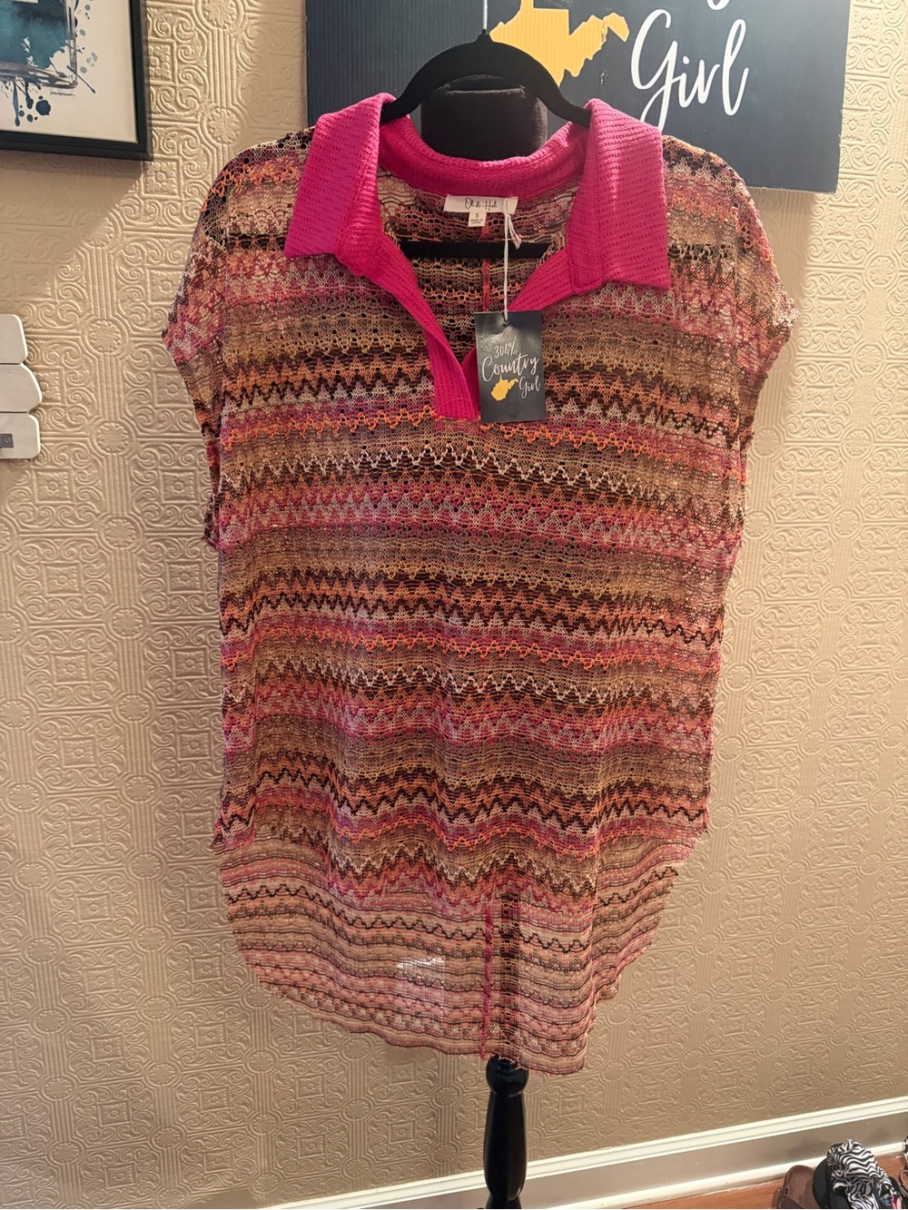 Oli & Hali Multicolor Knit Tunic with Bright Pink Collar